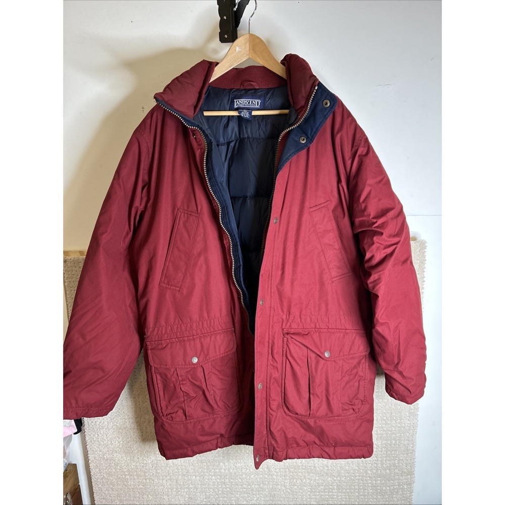 Lands End Goose Down Puffer Parka Barn Jacket Field Cargo Men's L-T 42-44 Red